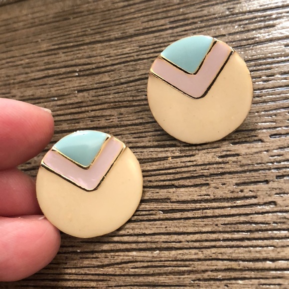 Vintage Round Chevron Pastel 1980’s Earrings - Picture 3 of 10